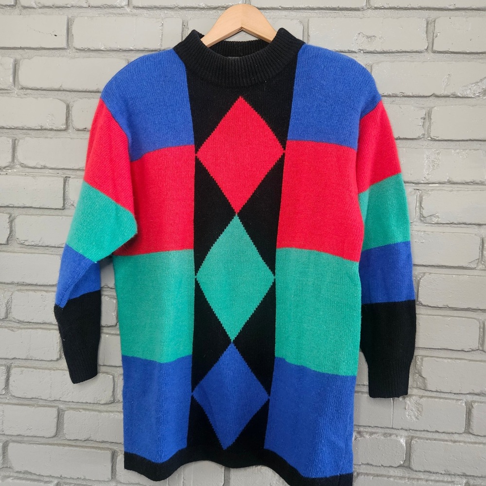 Vintage‎ Marco Pecci Colorblock Lambswool Angora Sweater Blue Red Green Size 40